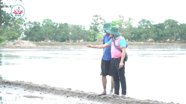 Hình 2. Kỹ sư Lê Minh Tâm và anh Trương Thành Sáng kiểm tra ruộng trước khi gieo sạ